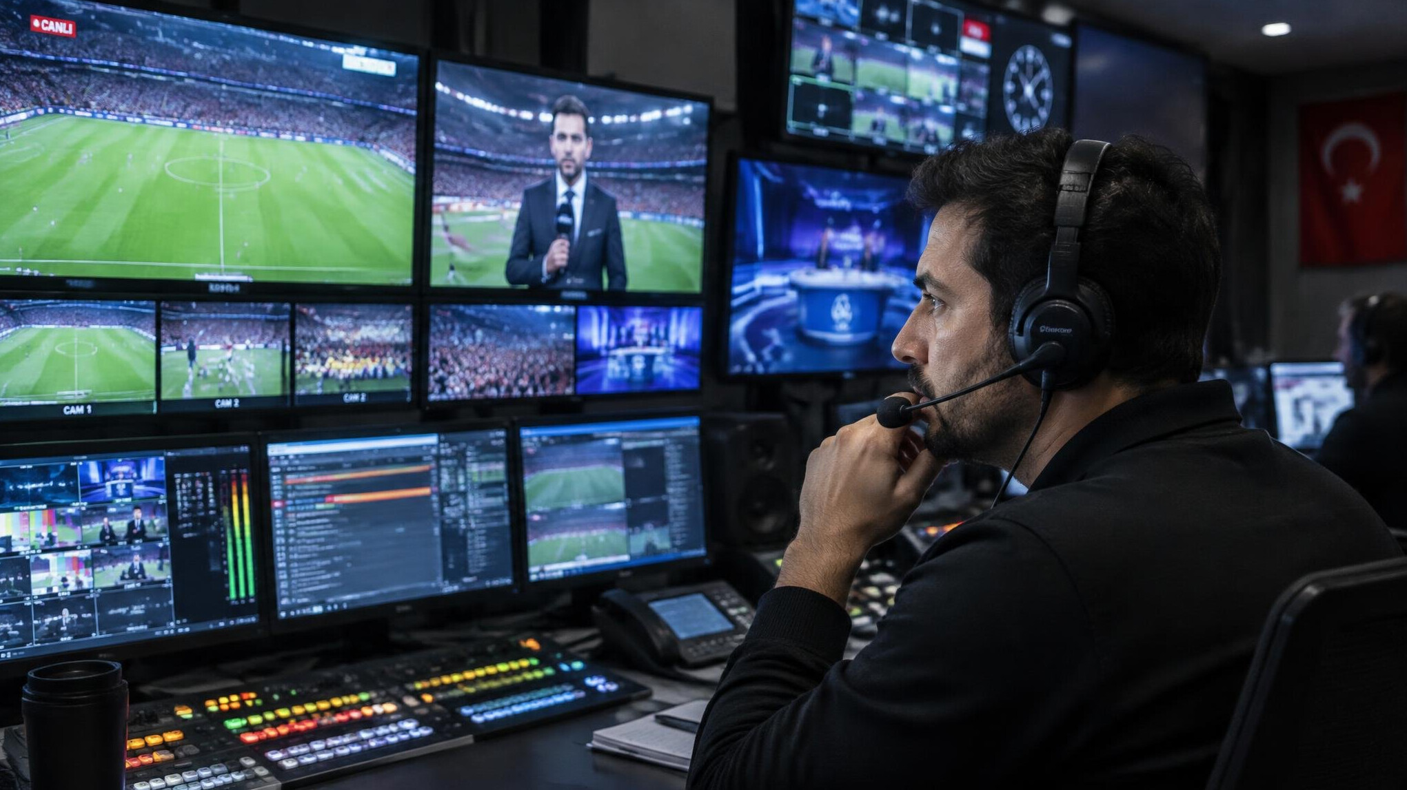 Technical director monitoring live broadcast feeds on multiple screens