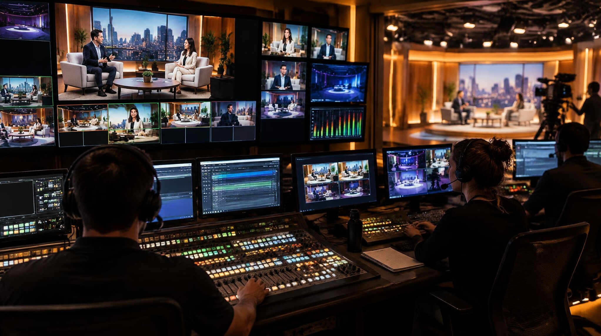 Television studio control room during a live broadcast